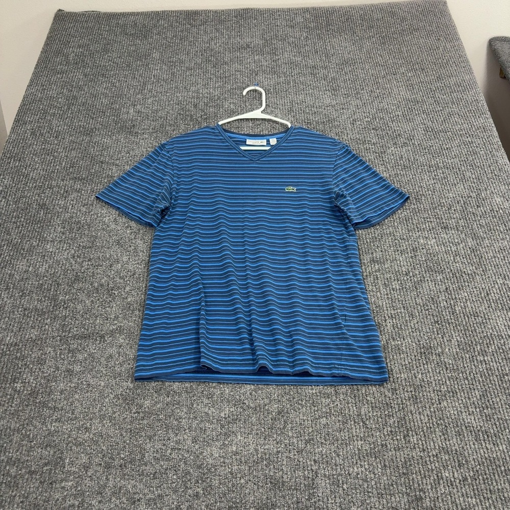 Lacoste T Shirt Mens M Blue Cotton Striped V Neck Regular Fit Preppy Casual